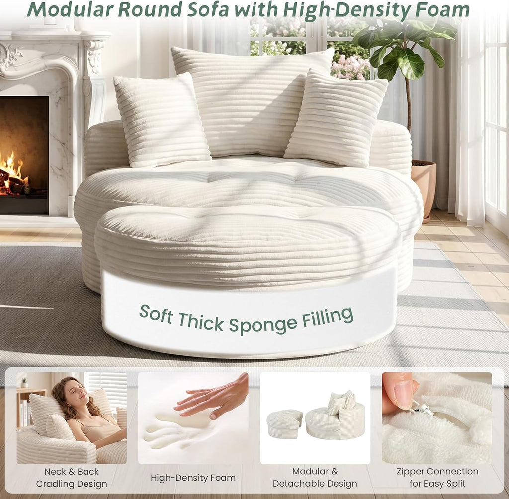 Oversized Round Chaise Lounge Chair, Deep Seat Cloud Boneless Floor Sofa Couch, Upholstered Corduroy Sleeper with 3 Pillows & Optional Ottoman, No Assembly Modern Lazy Floor Lounger for Living Room