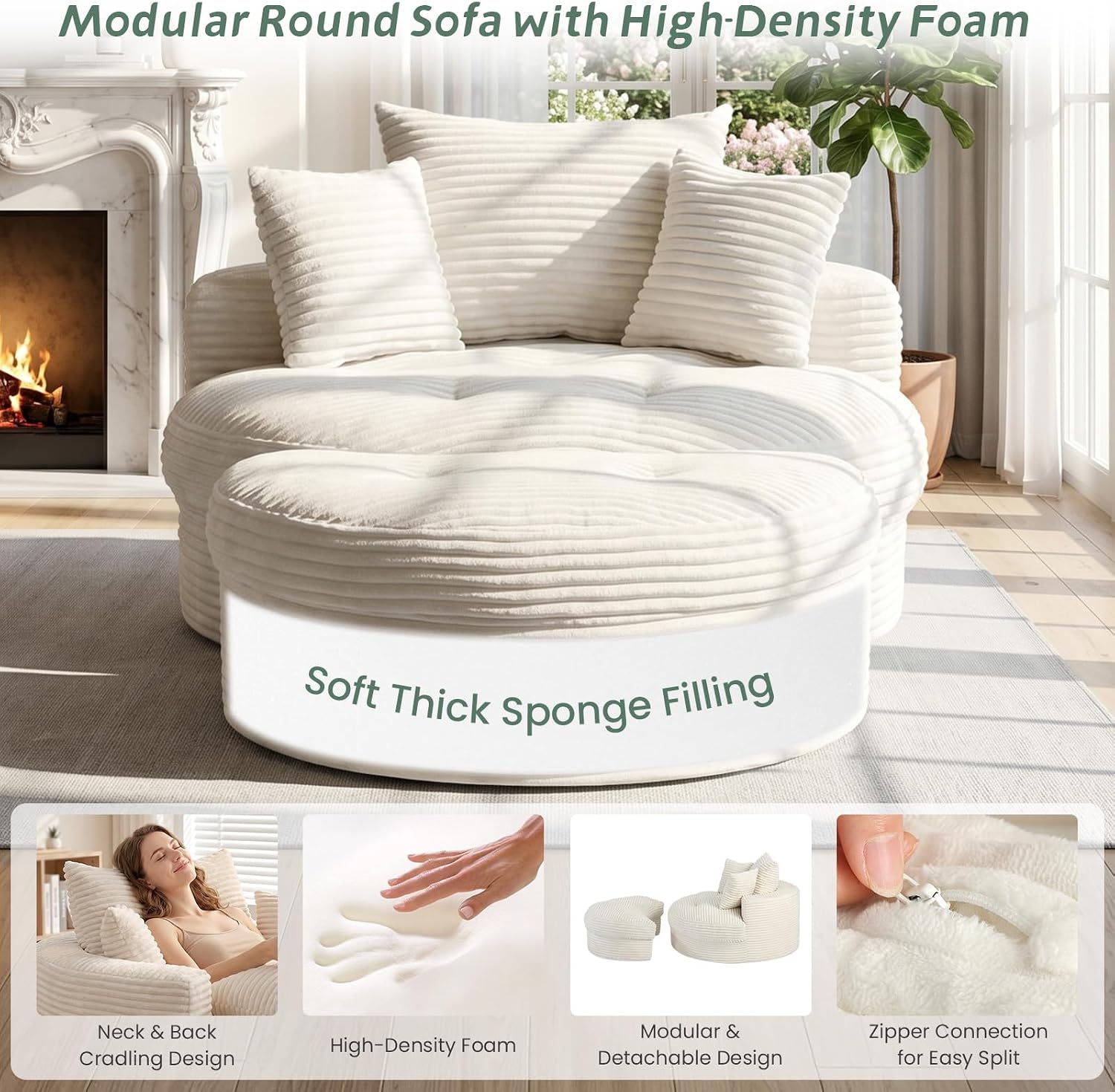 Oversized Round Chaise Lounge Chair, Deep Seat Cloud Boneless Floor Sofa Couch, Upholstered Corduroy Sleeper with 3 Pillows & Optional Ottoman, No Assembly Modern Lazy Floor Lounger for Living Room