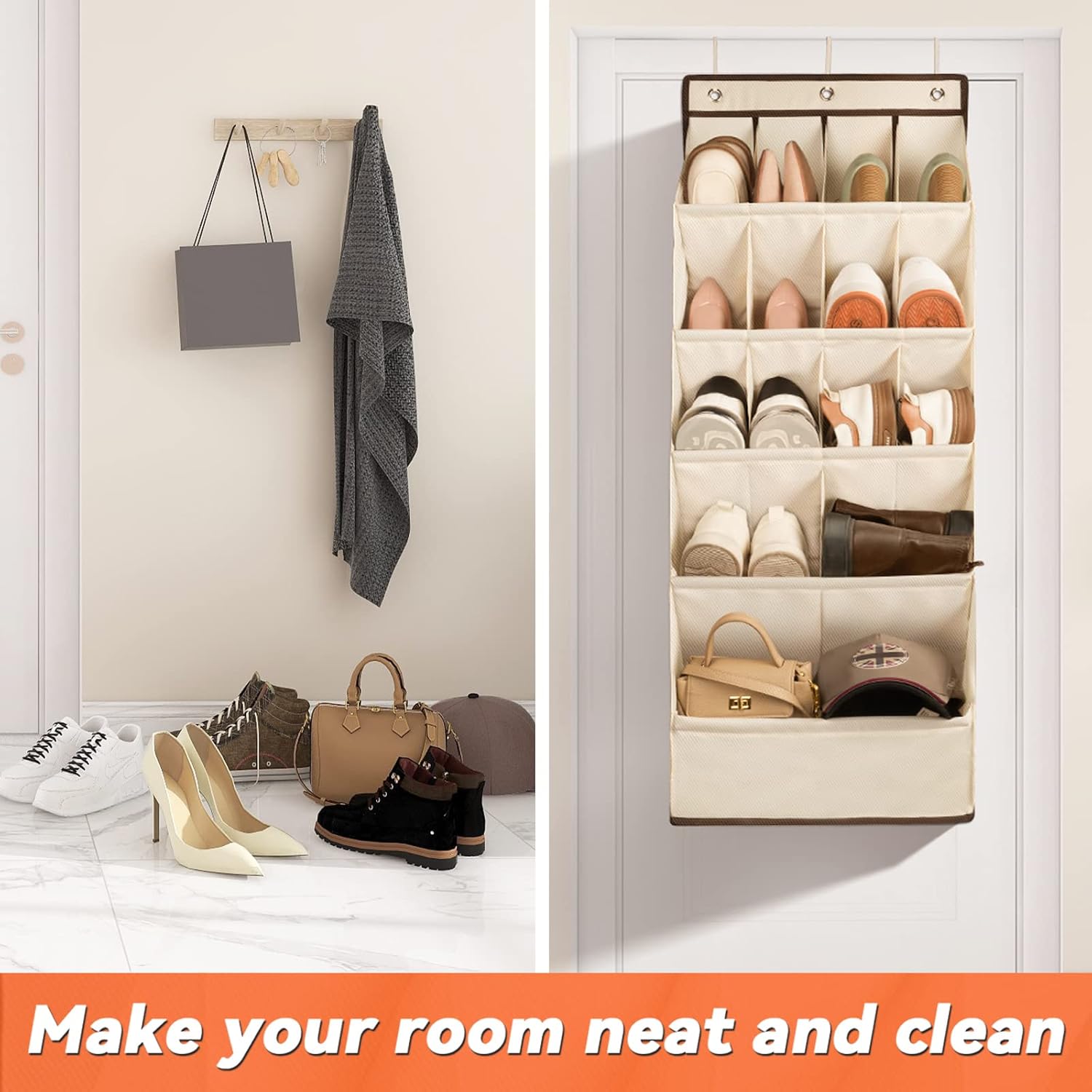 FENTEC 1 Pack Over the Door Shoe Organizers, Hanging Shoe Organizer with Large Deep Pocket Shoe Holder for Closet Shoes Rack for Wall, Over Door Shoe Storage Hold up to 18 Pairs Shoes, Beige