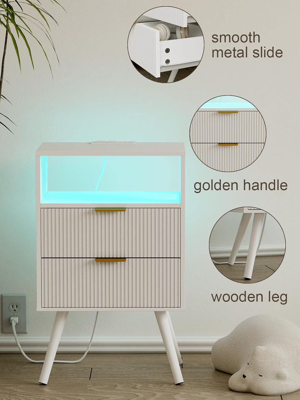 Nightstand with Charging Station and LED Lights, Modern Bedside Table with 2 Storage Drawer and Open Wood Shelf for Bedroom and Small Spaces, Night Stand with Solid Wood Legs