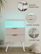 Nightstand with Charging Station and LED Lights, Modern Bedside Table with 2 Storage Drawer and Open Wood Shelf for Bedroom and Small Spaces, Night Stand with Solid Wood Legs