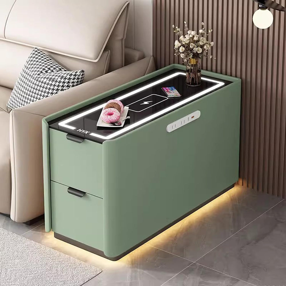 Smart Sofa Side Table with USB Charging Ports, 2 Drawers Storage, Tempered Gl...