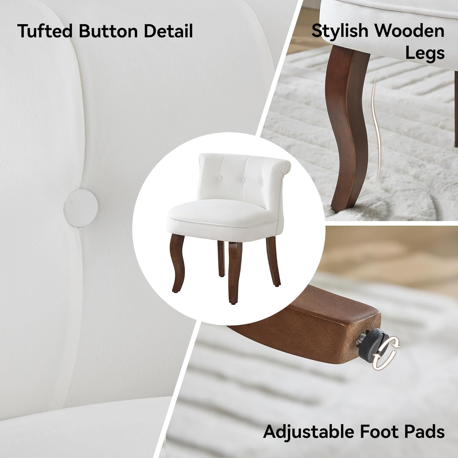 WUTUTUEE Velvet Vanity Chair with Back, Tufted Upholstered Vanity Stool with Solid Wood Legs, Mid Century Small Makeup Chair for Vanity, Accent Chair for Bedroom, Living Room, White