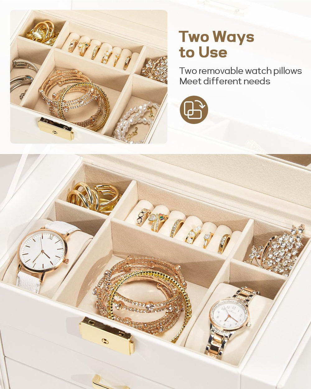Homde Synthetic Leather Huge Jewelry Box Mirrored Watch Organizer Necklace Ri...
