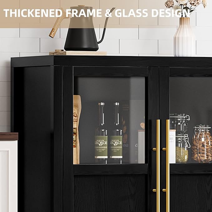 GarveeHome Sideboard Buffet Cabinet with 4 Glass Doors, 55" Buffet Table Coffee Bar Wine Bar Display Cabinet for Kitchen Dining Room, Living Room (Dark, Glass with 4 Doors)