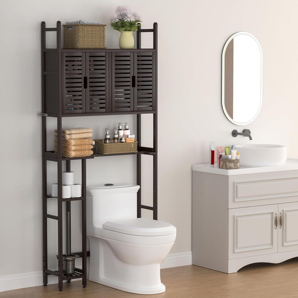 Over The Toilet Storage Cabinet with Paper Holder Stand,Bamboo Bathroom Organizer Shelf with Four Door and Waterproof Feet Pad,Space Saver Rack with Anti-Tip Design (Brown)