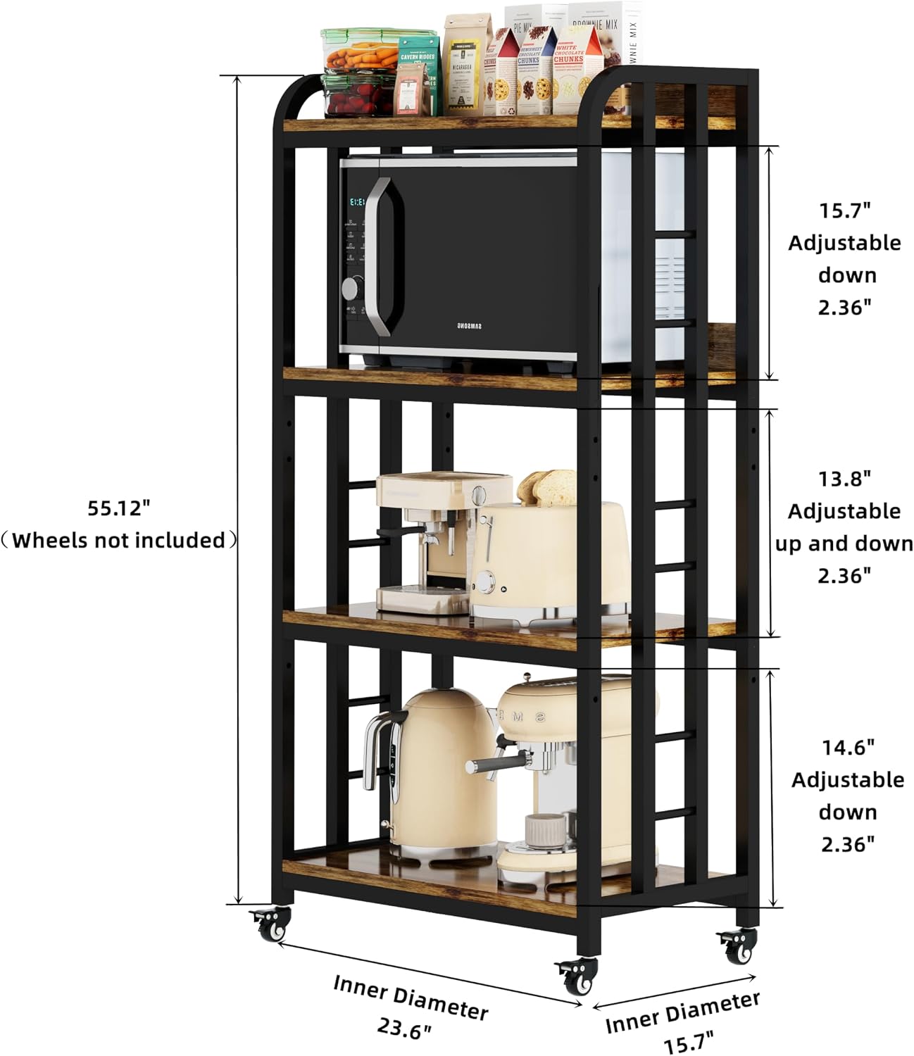 4-Tier Kitchen Baker's Rack with Rolling Wheels, Microwave Oven Cart Stand, Adjustable Utility Shelving Storage Unit, Heavy Duty Organizer Rack for Living Room, Garage, Home and Office(Brown)