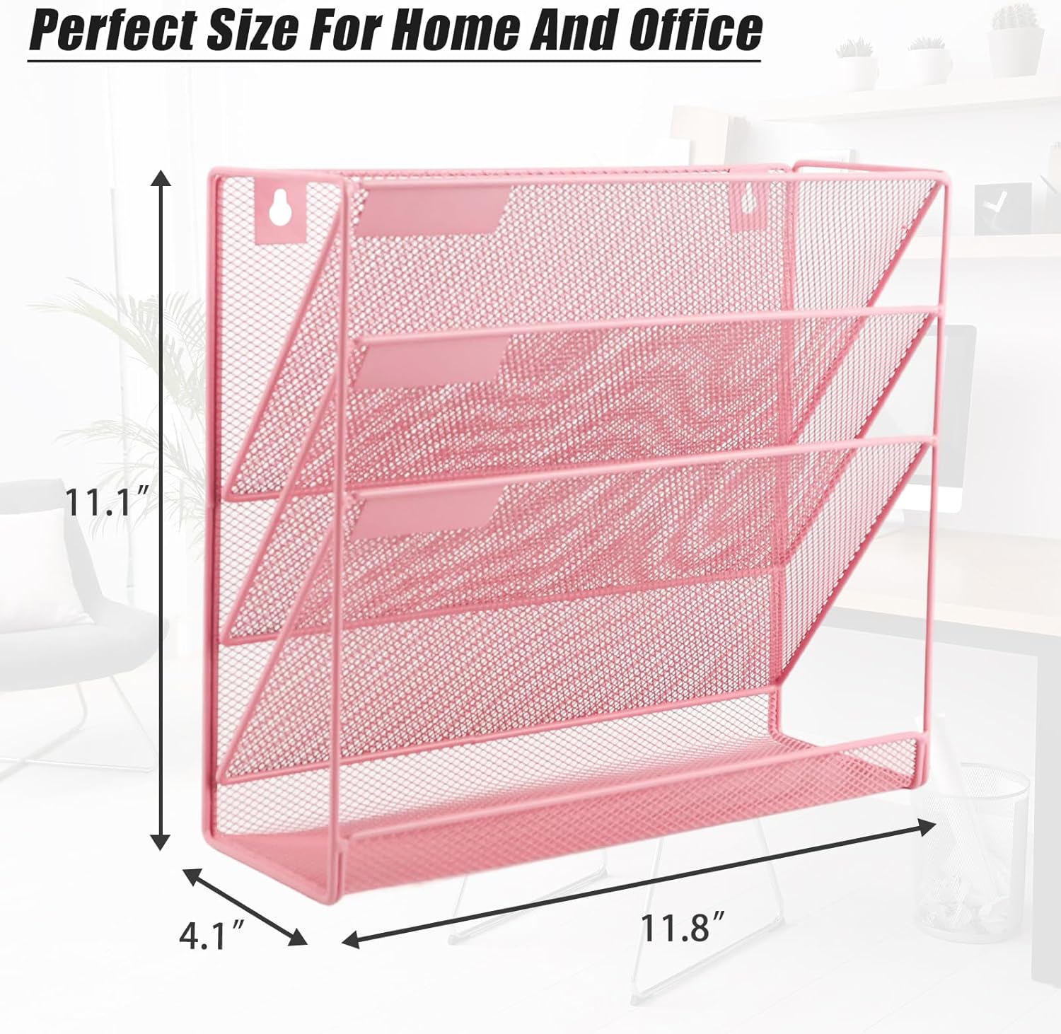 EASEPRES Desk File Organizer Mesh 4-Tier, Hanging Wall Mount Document Organization Stand, Desktop Vertical Mail Paper Folder Holder Rack with Bottom Tray for Office Home Cubicle Countertop, Pink