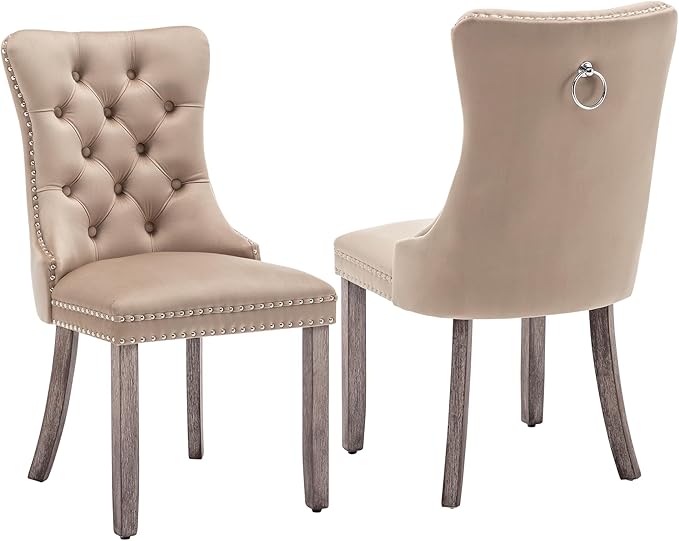 Kiztir Velvet Dining Chairs Set of 2, Upholstered Dining Chairs with Ring Pull Trim and Button Back, Luxury Tufted Dining Chair for Living Room, Bedroom, Kitchen (Khaki)