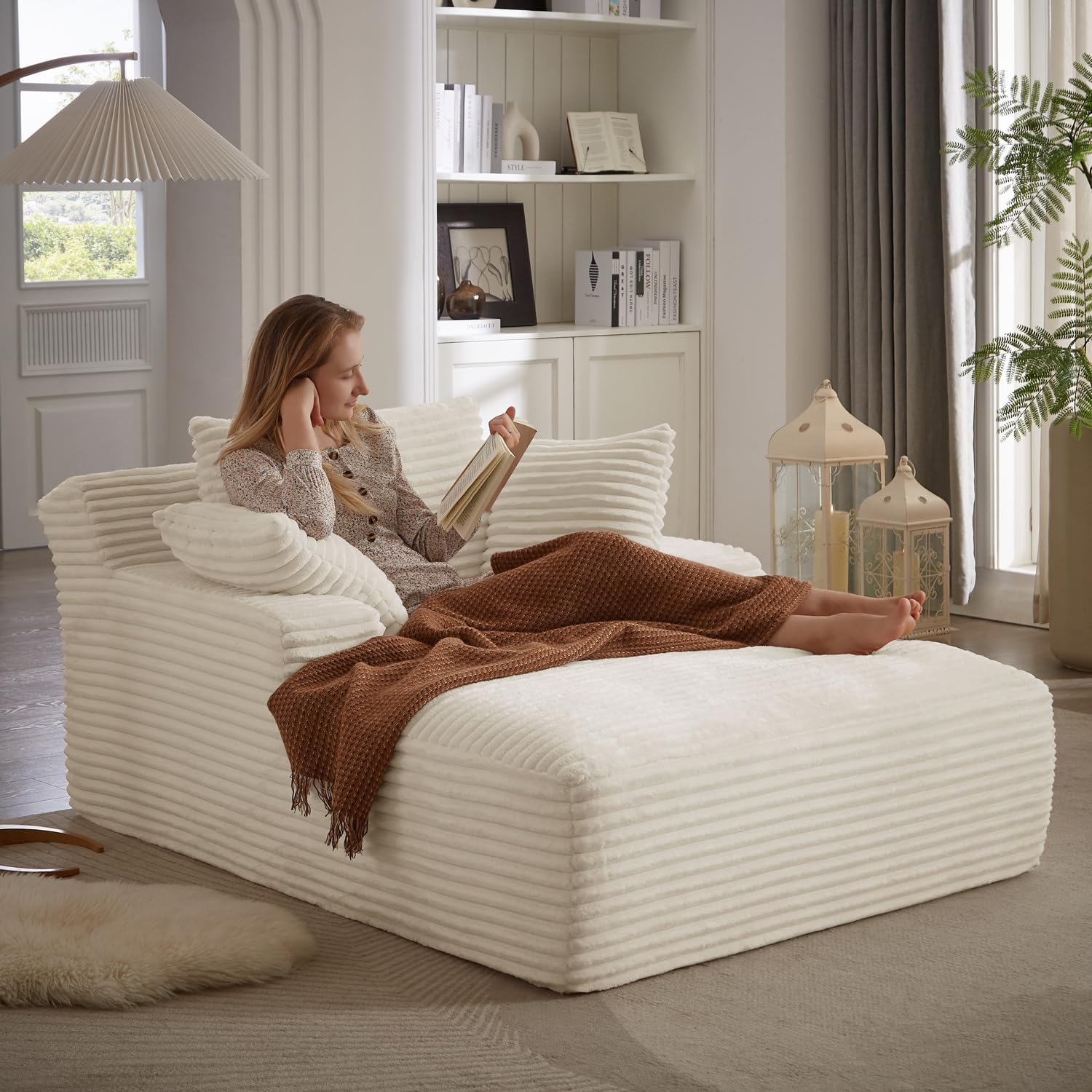 67 Inch Chaise Lounge Chair Indoor, Oversized Corduroy Upholstered Boneless Sofa Bed, Deep Seat Sleeper Couch Reading Chairs, Cloud Sofas Couches for Living Room, No Assembly Required (Beige)