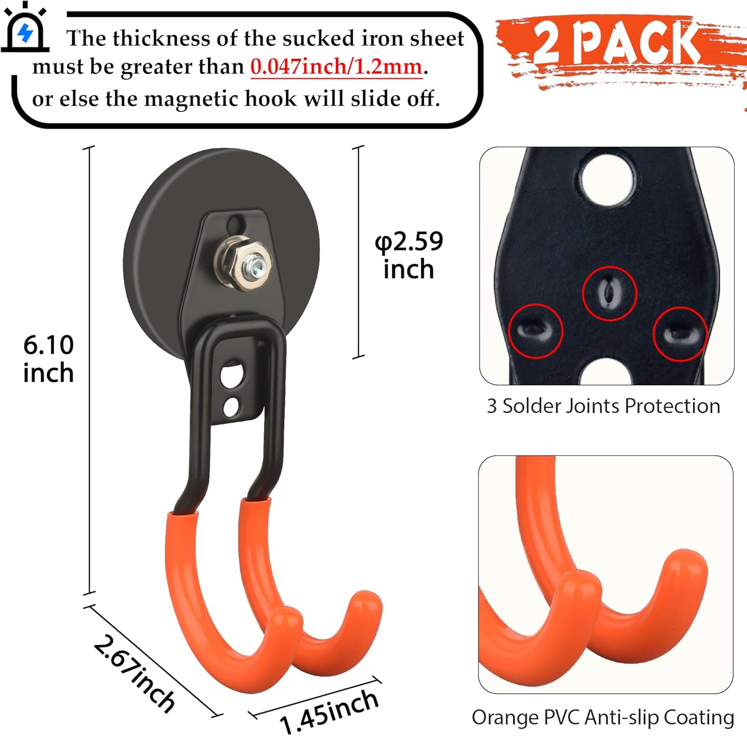 ULIBERMAGNET New Updated Garage Strong Magnetic Hooks, 2 Pack Heavy Duty Large J Hooks with Magnet, Anti-Slip Coating Magnet Hooks for Garden Tools, Ropes,Drill