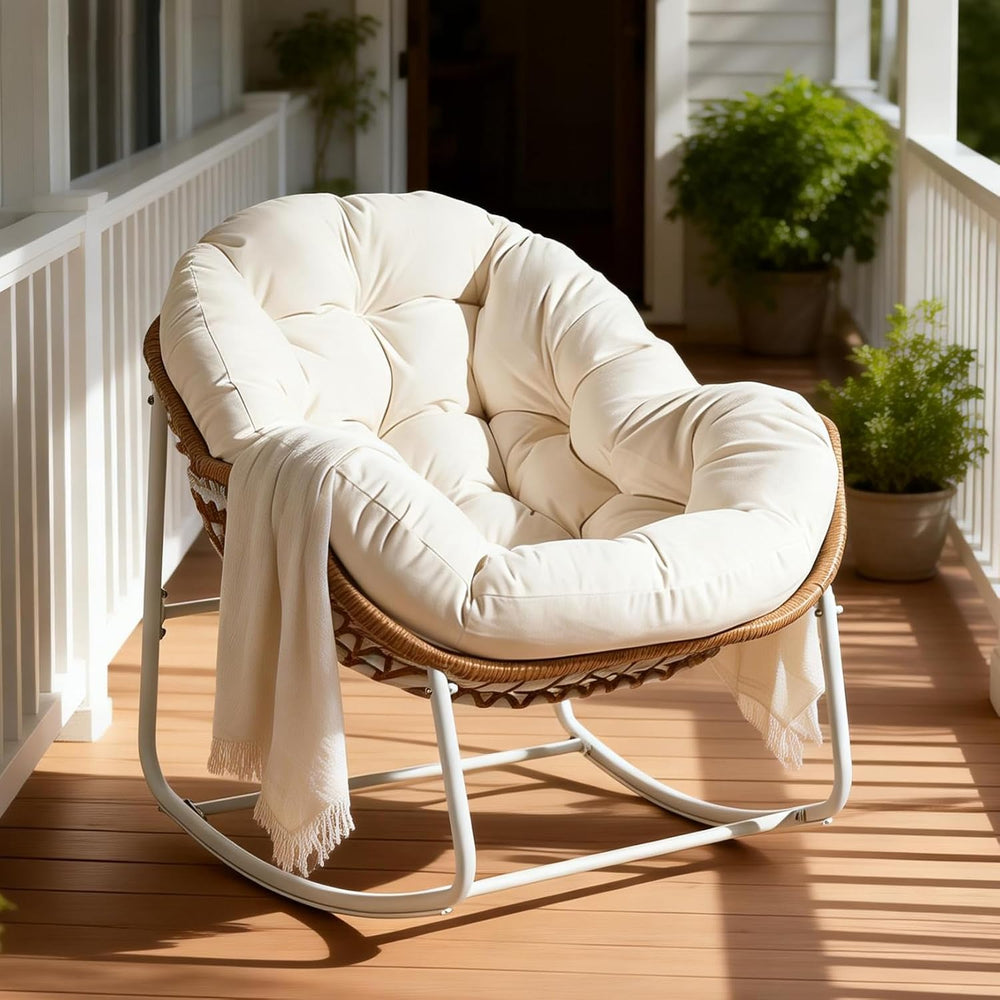 YDcosyfy Oversized Outdoor Papasan Rocking Chair with Soft Cushion, Comfy Pat...