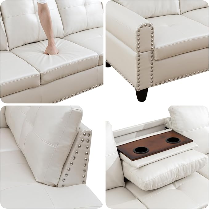 Sectional Couches for Living Room with Movable Chaise & Storage Ottoman - 97.5" Leather L Shaped Couches for Living Room Apartment, Home Modular Sectional Sofas with Cup Holder, White