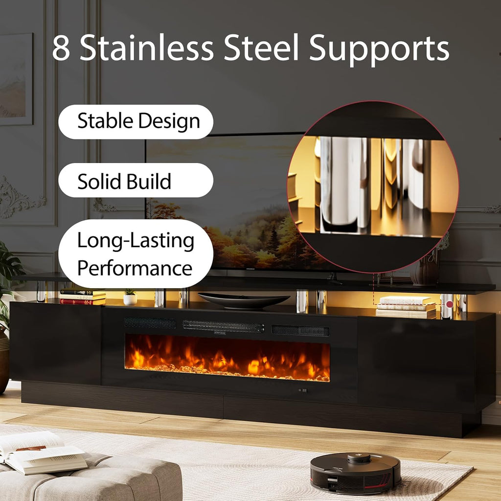 90" Fireplace TV Stand, 2-Tier LED Entertainment Center with 50" Fireplace, Fits TVs up to 100", Modern High Gloss TV Console with LED Lights & Storage Cabinets for Living Room, Black + Black
