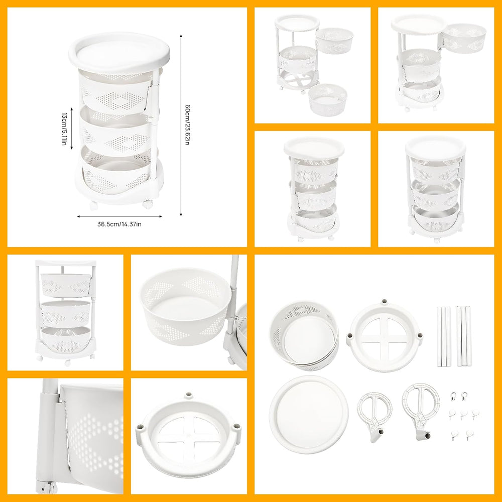 Storage Cart, 3-Tier Rotating Storage Shelf, Kitchen Detachable 180° Rotatabl...