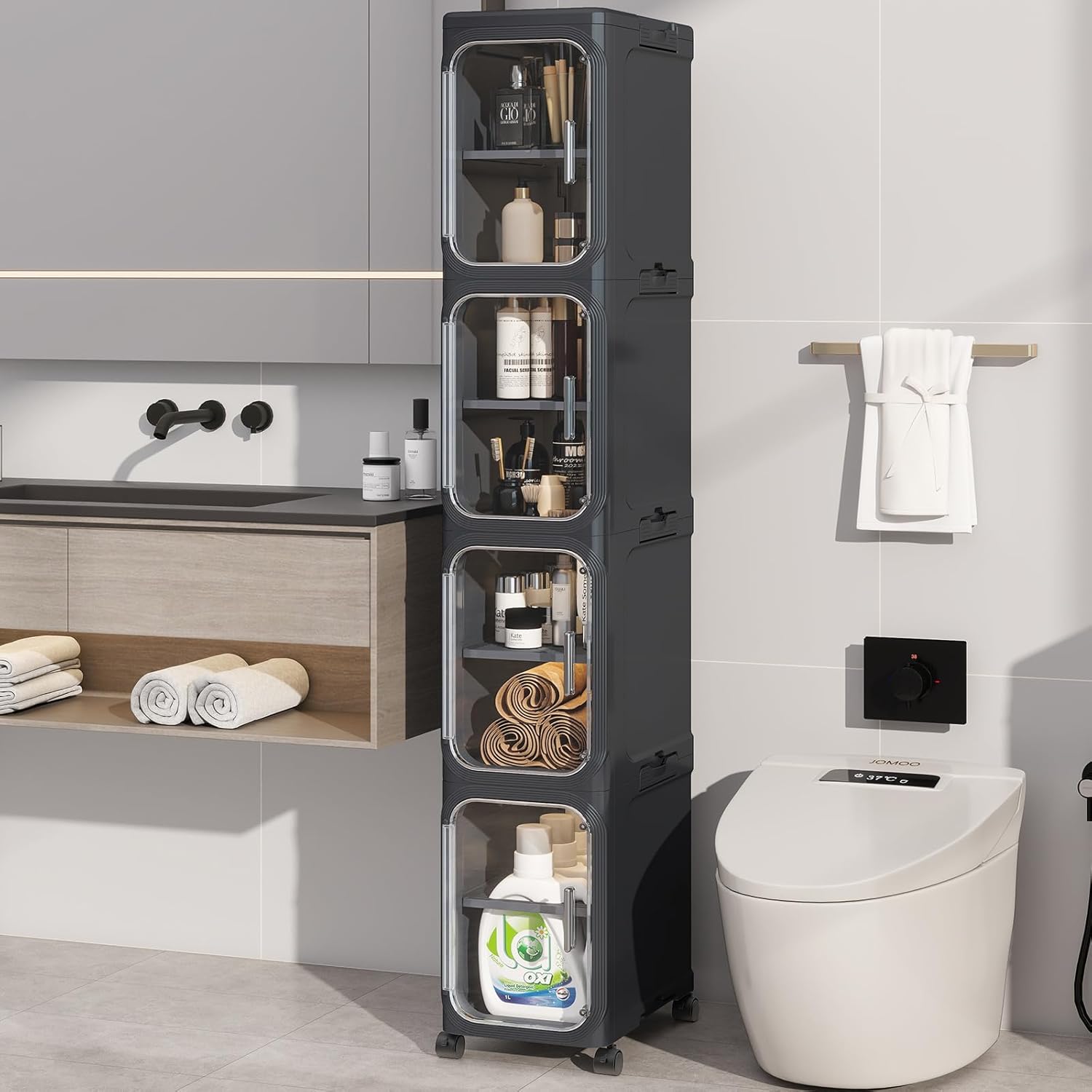 4 Tier Slim Bathroom Storage Cabinet, Foldable and Movable, Black | Tools Free, ABS and PET, Magnetic Clear Door, Adjustable Shelves, Lockable Wheels, Water Resistant, For Narrow Space