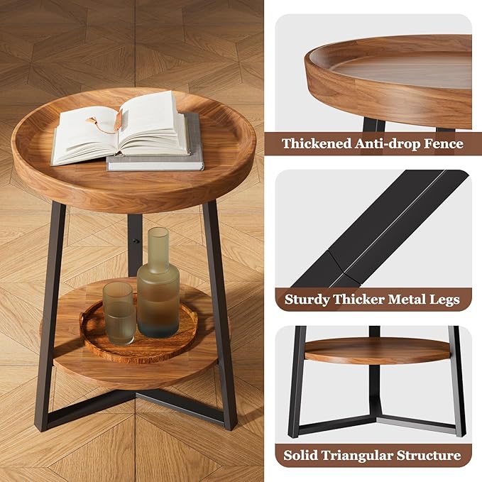 Gadroad Round End Table with Storage Shelf, 2 Tier Farmhouse Side Table Night...