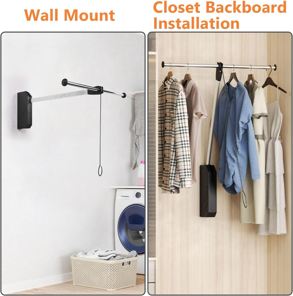 Pull Down Closet Rod, 26 Inch Soft-Close Buffering Clothing Organizer, Stainless Steel Back Mounted Closet Rod for Hanging Clothes Space-save in Tight Spots, Holds Up to 22lbs