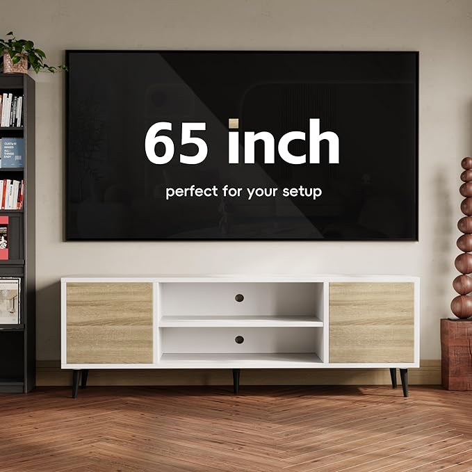 YESHOMY Modern TV Stand for 65 Inch TV, 58" Entertainment Center with Storage Cabinets, Media Console for Living Room & Apartment, Minimalist Retro TV Cabinet, Bright White