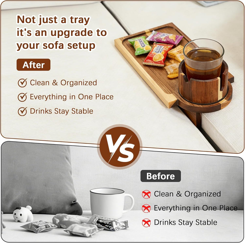 Solid Acacia Wood Couch Cup Holder Tray for Sofa Gap, 3-in-1 Couch Caddy with...