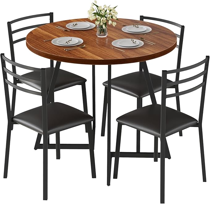 VECELO Round Dining Table Set for 4, Wood Tabletop & Heavy-Duty Steel Frame, 5-Piece Dinette with Chairs for Kitchen, Breakfast Nook, Walnut & Black