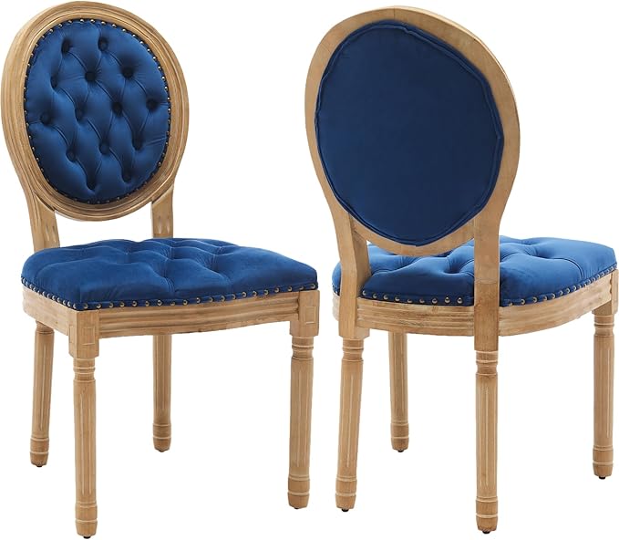 French Country Dining Chairs Set of 2, Blue Kitchen & Dining Room Chairs, Velvet Kitchen Chairs, Tufted Upholstered, Wood Legs, Sillas De Comedor (Velvet, Blue, 2 Pcs)