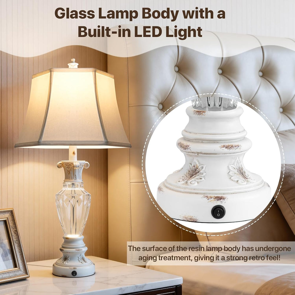 28.5" Table Lamps Set of 2 White Resin Glass Nightstand Lamp with USB Port