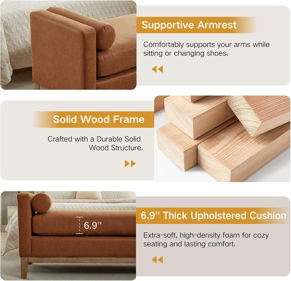 End of Bed Bench for Bedroom, 66.34'' Long King Size Vegan Leather Be...