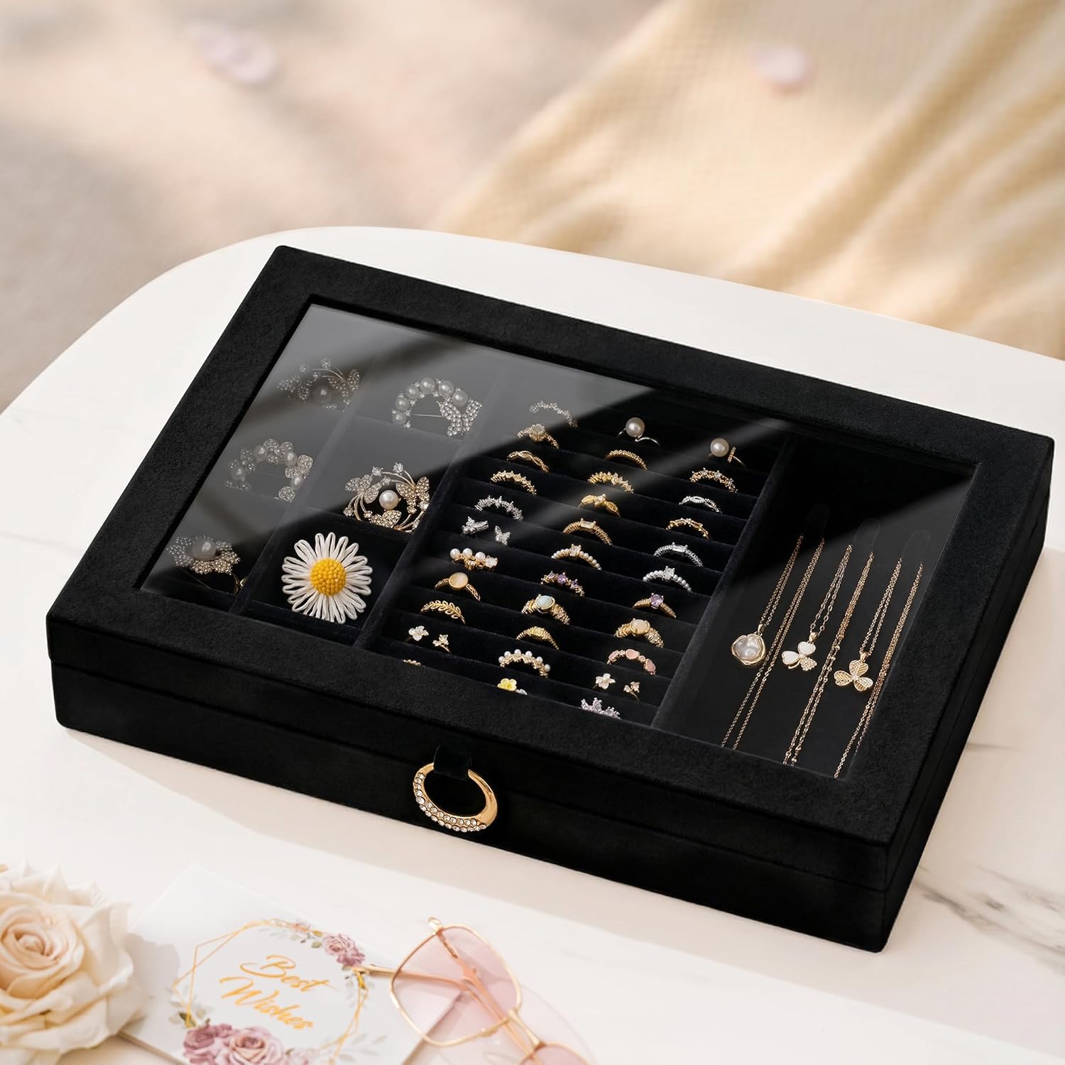 bussdis Glass Lid Jewelry Organizer Box – Black Velvet Jewelry Case with Ring Slots, Necklace Hooks & Removable Compartments for Earrings, Rings & Bracelets