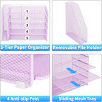 OPNICE 5-Tier Paper Organizer with Magazine Holder, Desk Organizers and Accessories, Office Desk Accessories & Workspace Organizers, Desktop File Organizer for Office Supplies Storage, Purple
