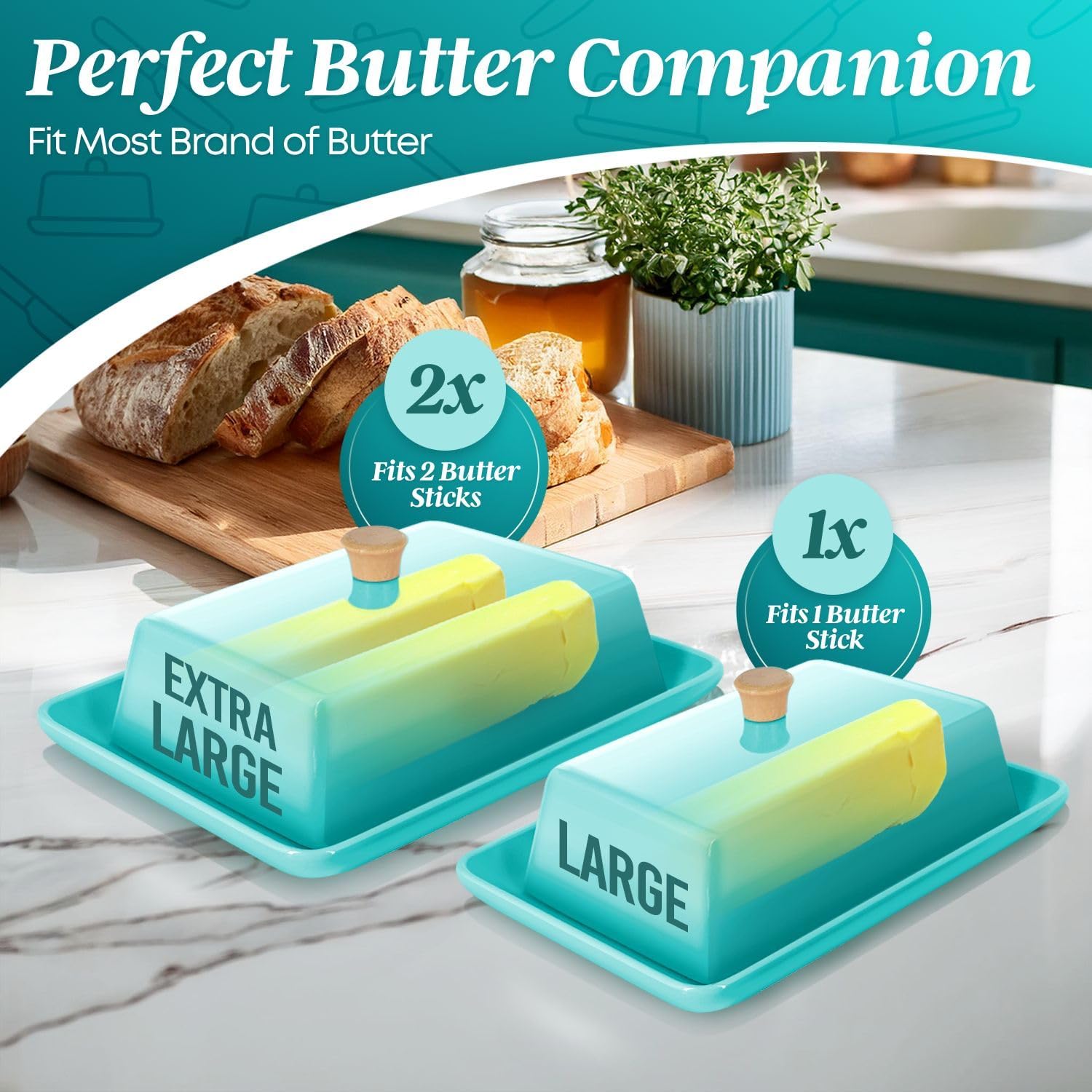 Flexzion Ceramic Blue European Butter Dish with Lid for Countertop (8 Inch) - Wide 2 Stick Double Butter Holder for Counter, Cream Cheese Container Storage Keeper