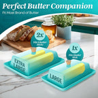 Flexzion Ceramic Blue European Butter Dish with Lid for Countertop (7 Inch) - Wide 2 Stick Double Butter Holder for Counter, Cream Cheese Container Storage Keeper