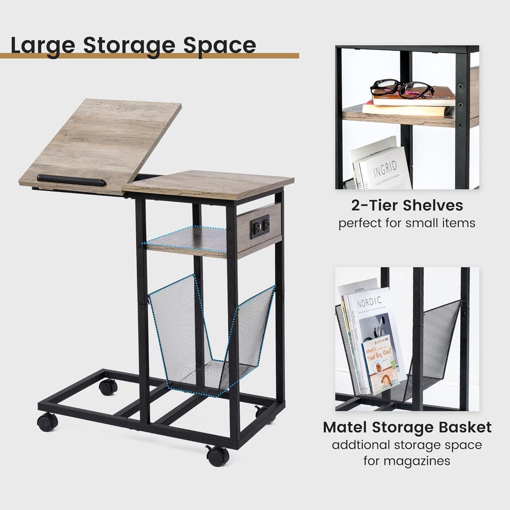 FLYJOE End Table C Shape with Charge Station, Tilting Top Side Table with Mag...