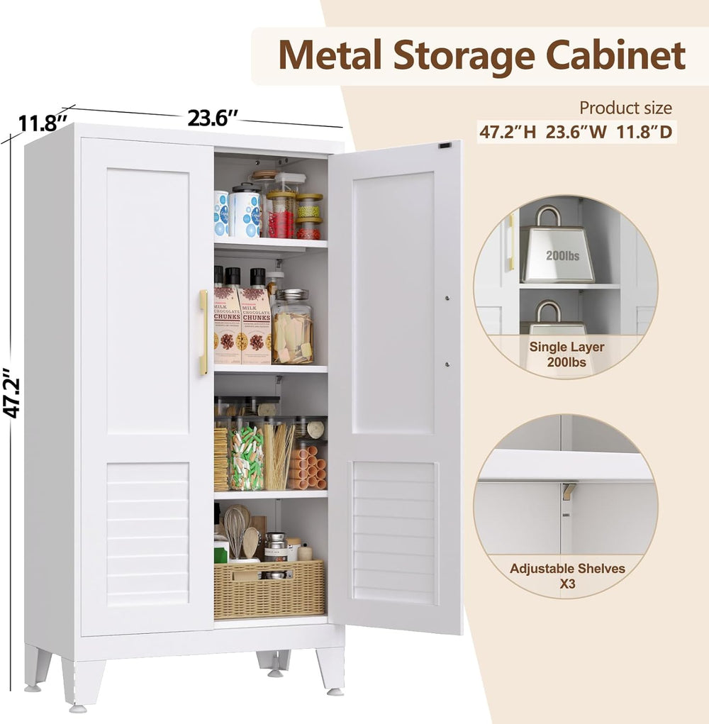 Kitchen Pantry Cabinet, 47.2" H Tall Storage Cabinet with Doors, White F...