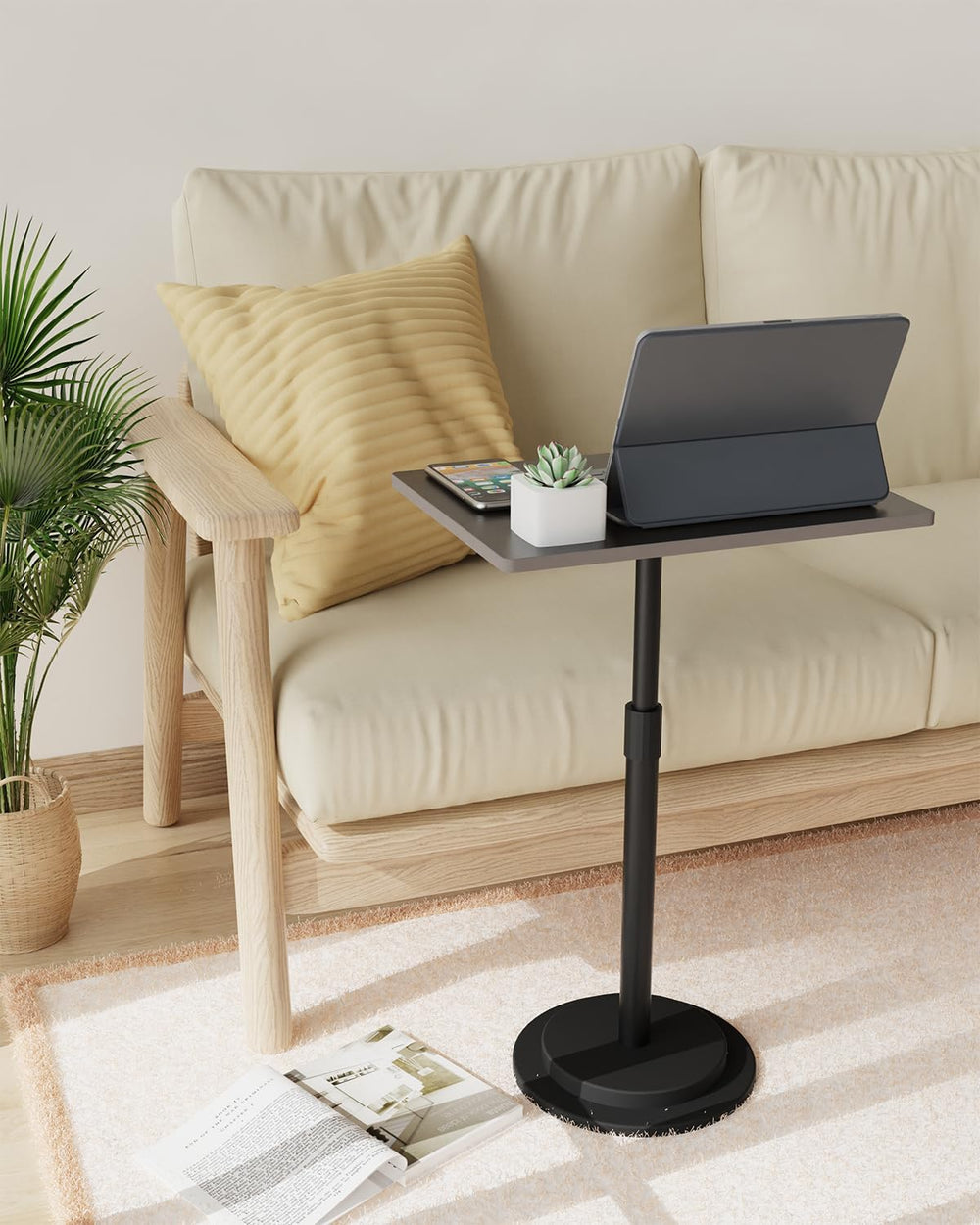 Small Side Table, Height Adjustable Nightstand, Square Indoor Metal Plant Sta...