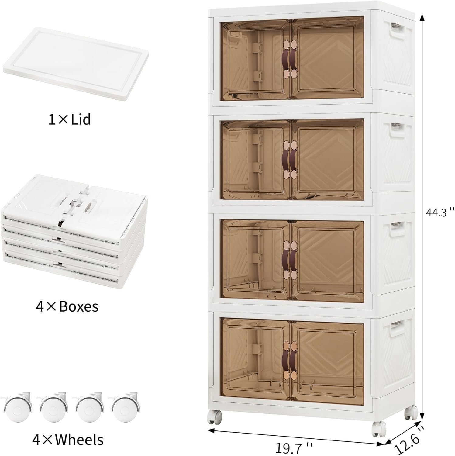 Storage Bins with Lids and Wheels, Collapsible Bathroom Storage Cabinet with Clear Doors, Plastic Stackable Closet Organizers and Storage Containers White 180 QT