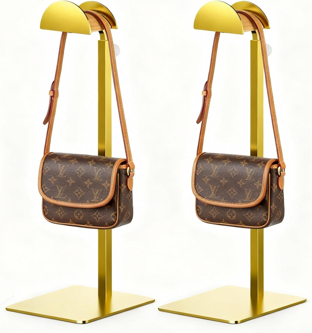 2 Pack Purse Display Stand, Purse Holder Handbag Display Stand Metallic Gold Purse Hanger Showing Bags, Purses, and Wreath, Adjustable Hook Stand for Tabletop, Closet, Desk, and Retail Use