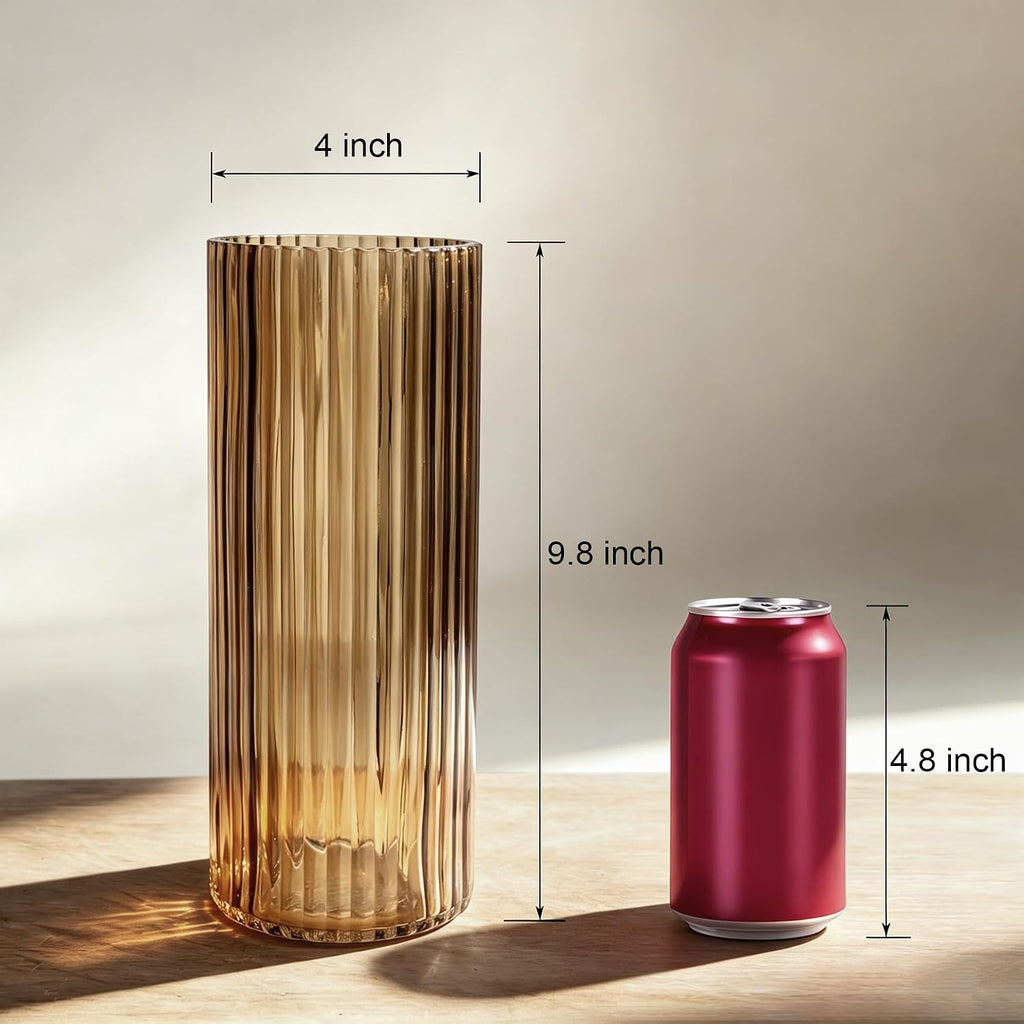 Brown Fluted Glass Vase, 9.8 Inch Thick-Wall Cylindrical for Flowers | Wide Smooth Opening, Weighted Thick Base, Tabletop Centerpiece