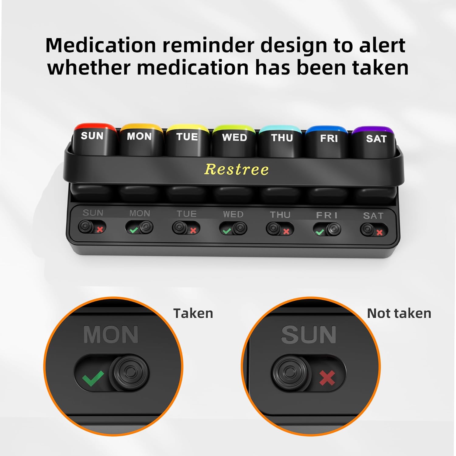 Restree Weekly Pill Organizer 7 Day one time a Day with Reminder, Detachable Travel Pill Case, Large Capacity Medicine Organizer for Vitamins, Supplements & Daily Medications (Black)