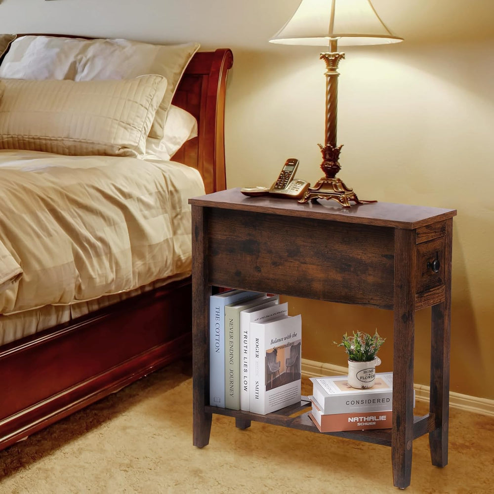 Brown Chairside Narrow End Table, Solid Wood Recliner Side Table with Drawer,...