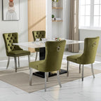 Luxury Upholstered Dining Chairs Set of 2, Olive Green Kitchen Chair with Silver Metal Legs, Velvet Tufted Back Dining Chair, Sillas de Comedor, Modern Kitchen & Dining Room Chairs (Olive, 2 Pcs)