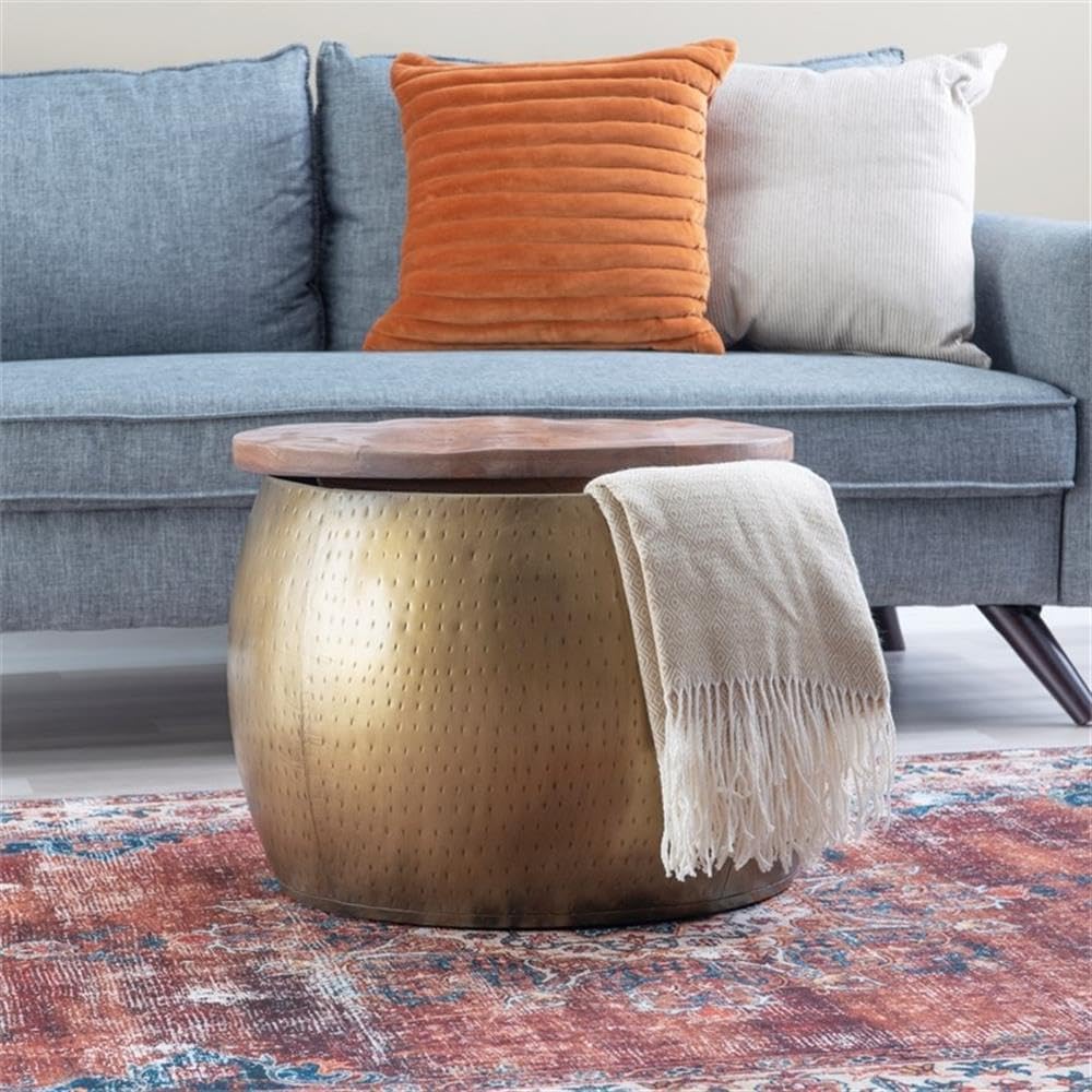 MAKLAINE Large Hammered Metal Drum Table with Storage, Brass Finish, Solid Ma...