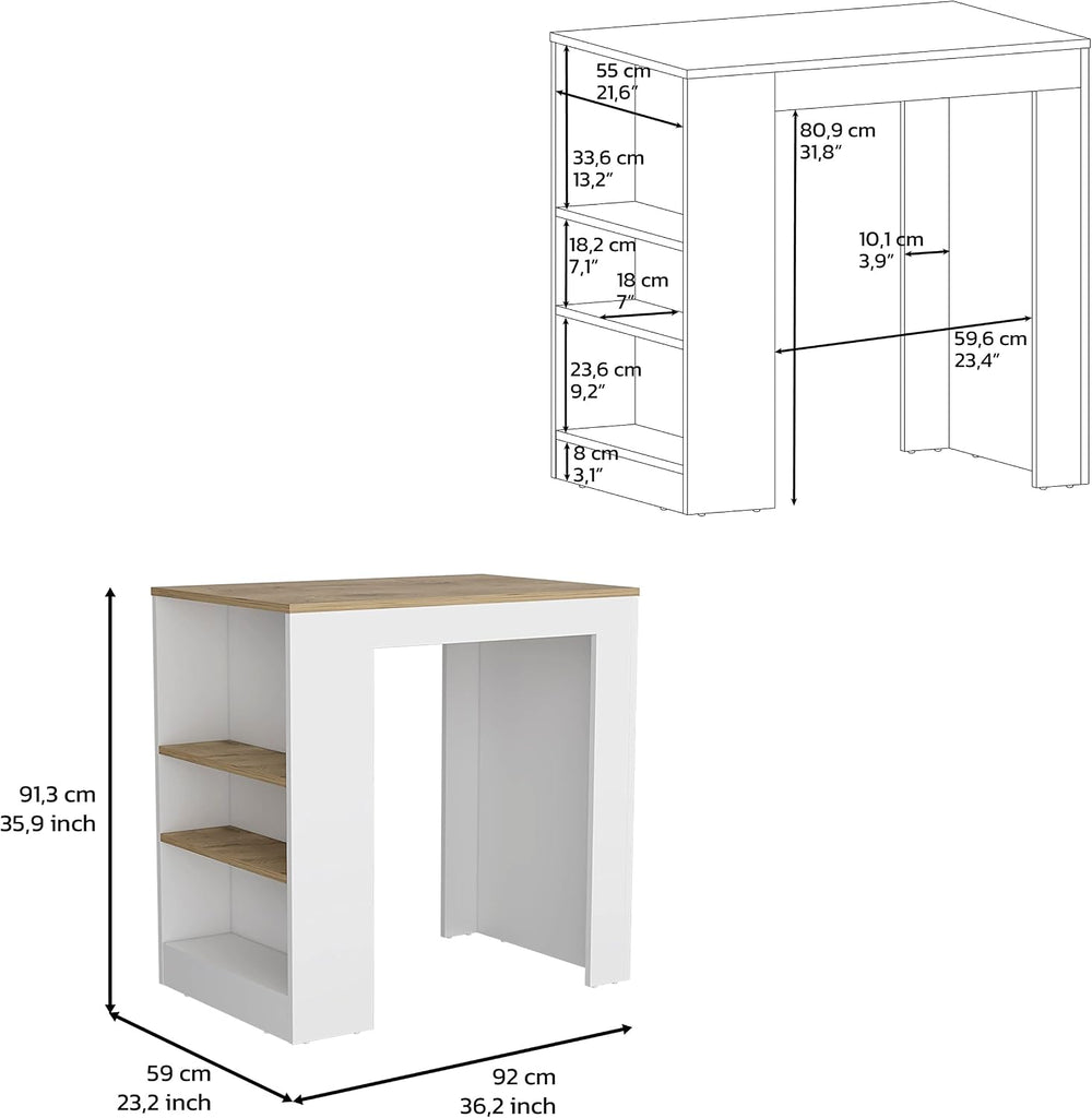 Kitchen Island, Kitchen Bar Table 36" H, with 3-Side Shelves, White/Maca...