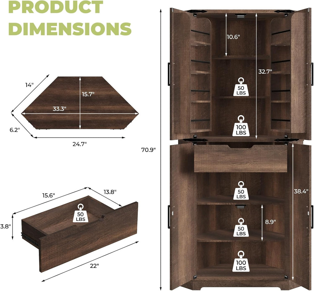 Dripex 71" Corner Cabinet Brown, Farmhouse Kitchen Pantry Cabinet with D...