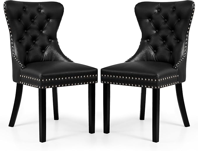SyMax Dining Chairs Set of 2, Faux Leather Parson Dining Room Chairs, High-End Tufted Kitchen Side Chairs for Bedroom, Living Room, Black