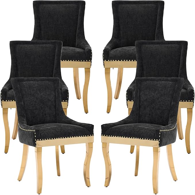 Dining Chairs Set of 6, Kitchen & Dining Room Chairs, Chenille Fabric Upholstered Dinning Chairs, Sillas De Comedor, Nailhead Trim, Metal Legs (Black, 6 Pcs)