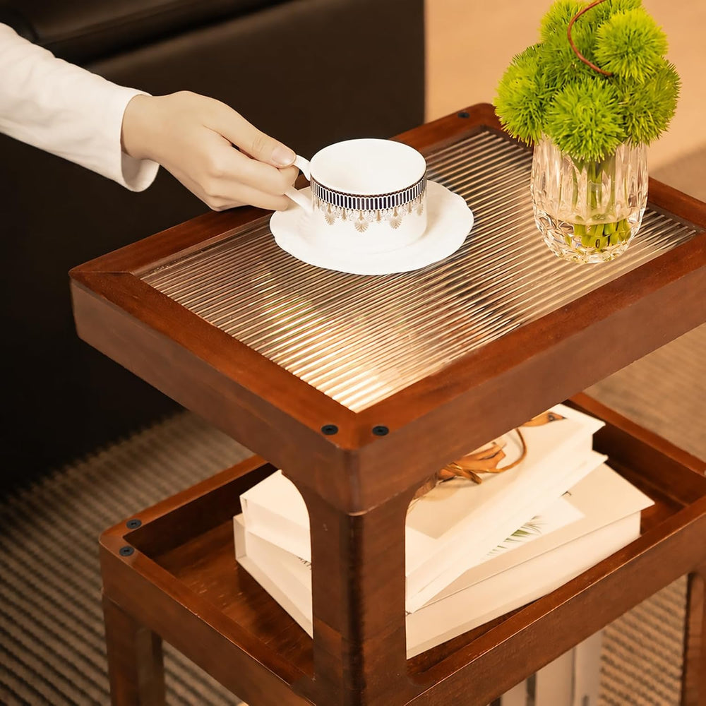Solid Wood End Table, 3 Tier Small Side Table, Brown Accent Table