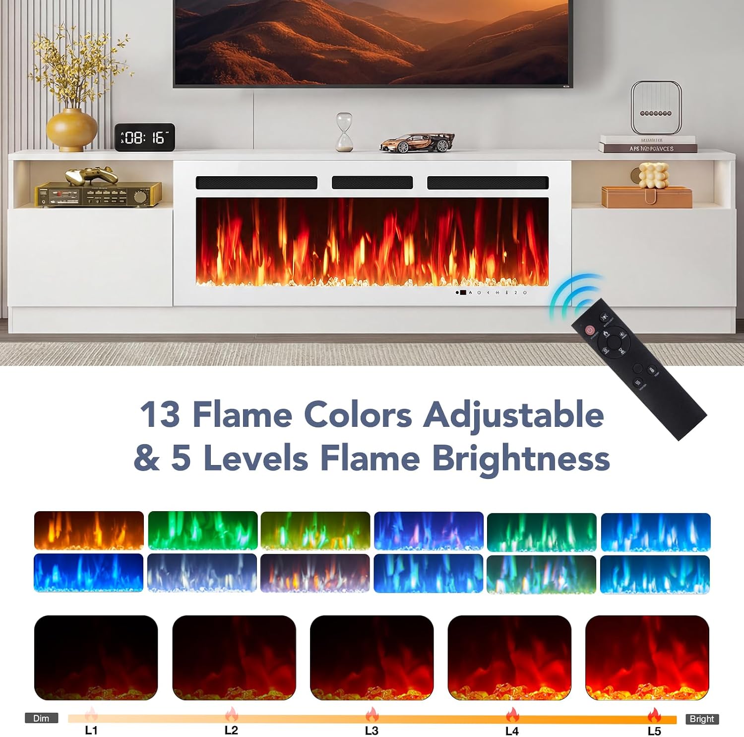 90” TV Stand with 50” WI-FI Electric Fireplace, Large Modern Media Entertainment Center with Storage Cabinet and 12 Colors LED Lights for TVs Up to 100",All White