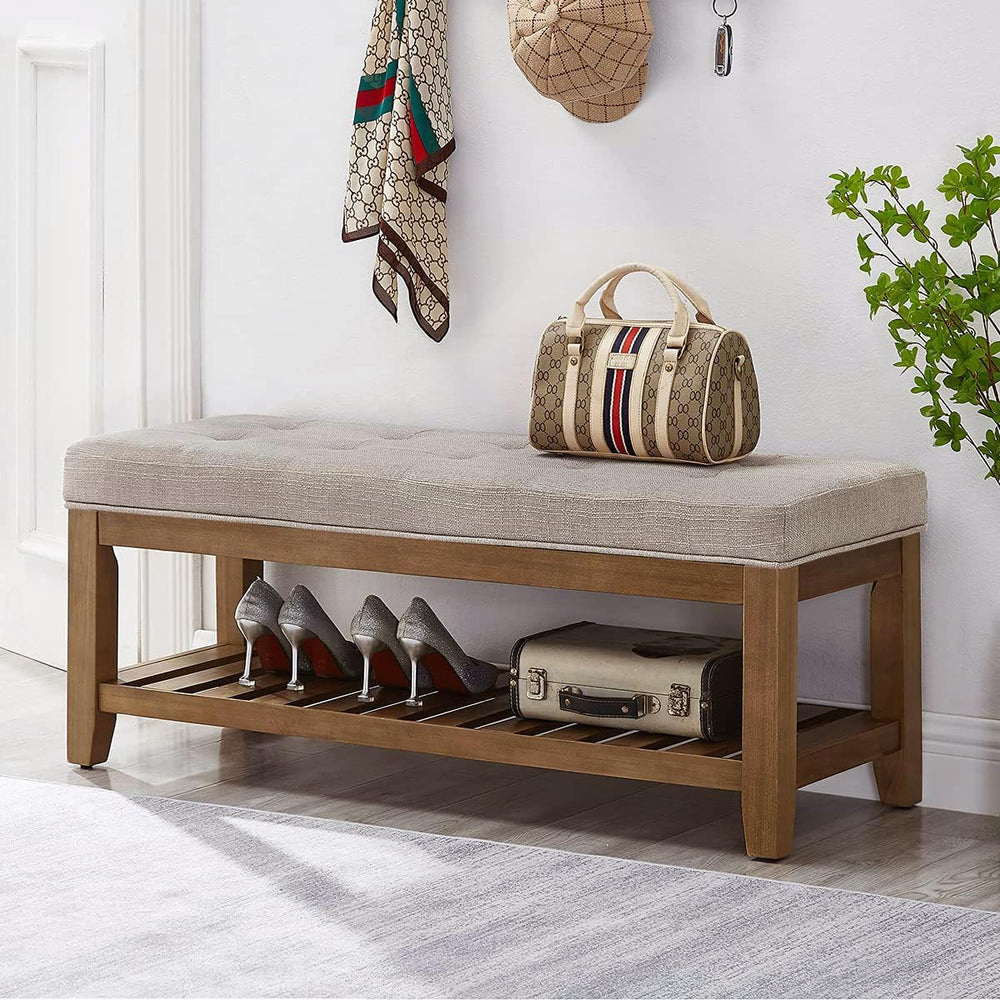 24KF Large Rectangular Upholstered Tufted Linen Fabric Ottoman Bench, Padded ...