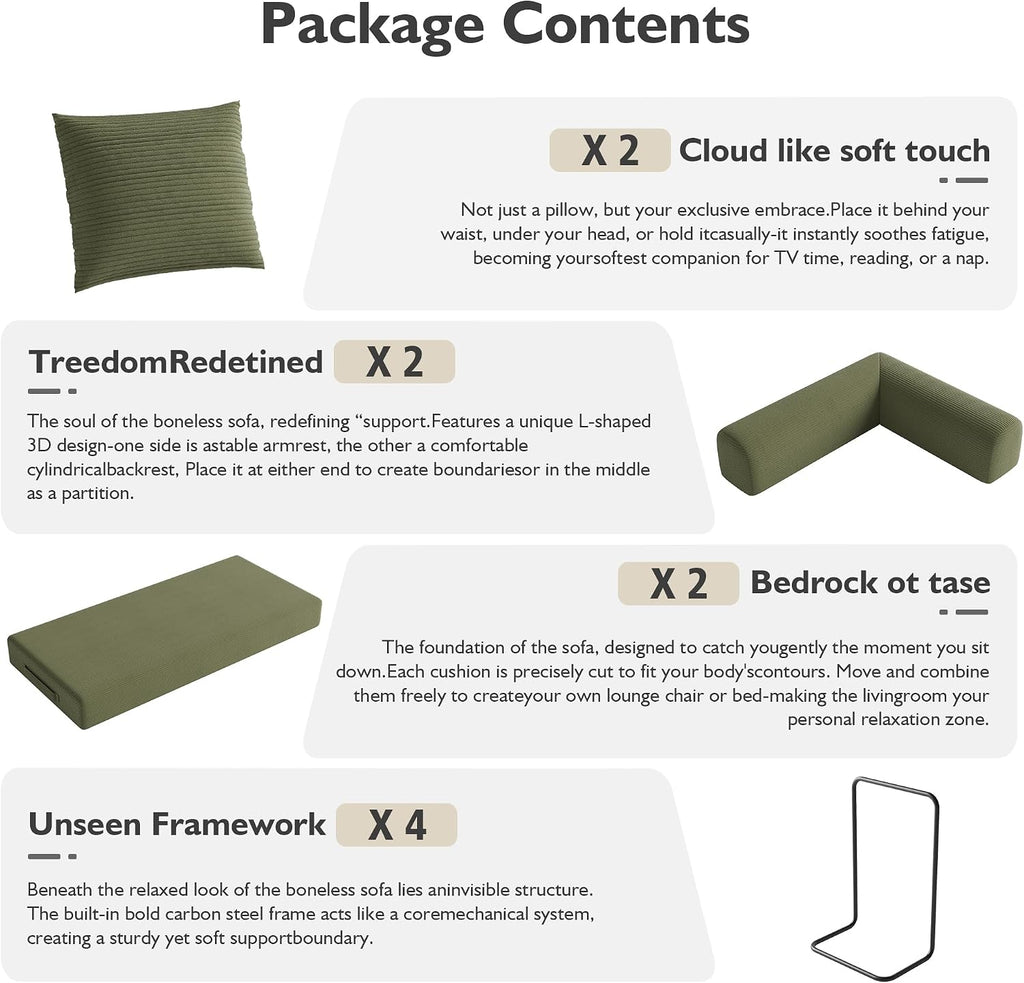 59in Boneless Couch Convertible Futon Sofa Bed Queen for Small Space | Corduroy Boneless Sleeper Sofa, Pull Out Modular Couch, Apartment Friendly for Study Room & Living Room, No Assembly | Green
